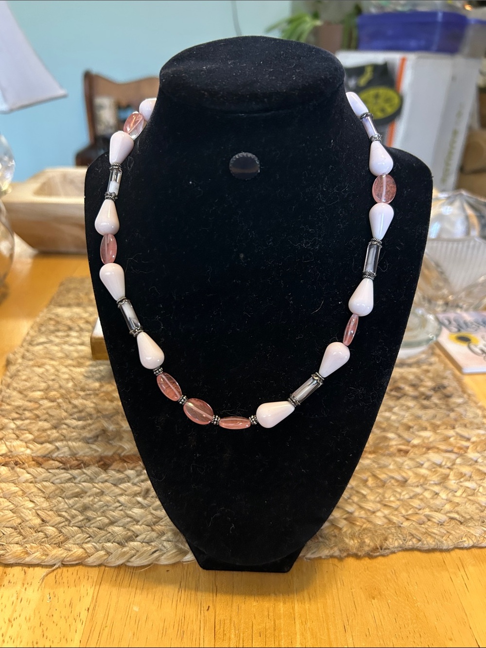 Elegant Pink & Clear Glass Beads and Light Mauve Teardrop Stone Beaded Necklace